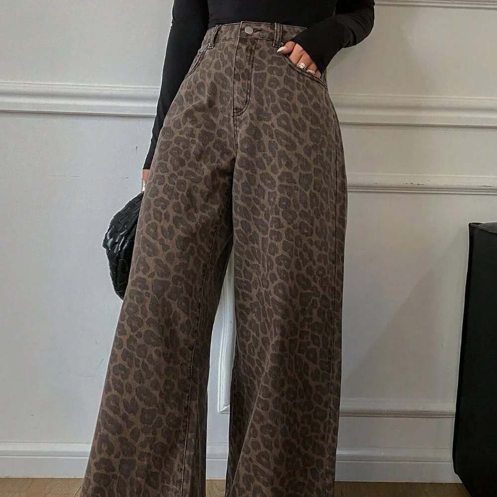 Coffee Brown Casual Women's Loose Leopard Print Cotton Pants - Picture 6 of 9